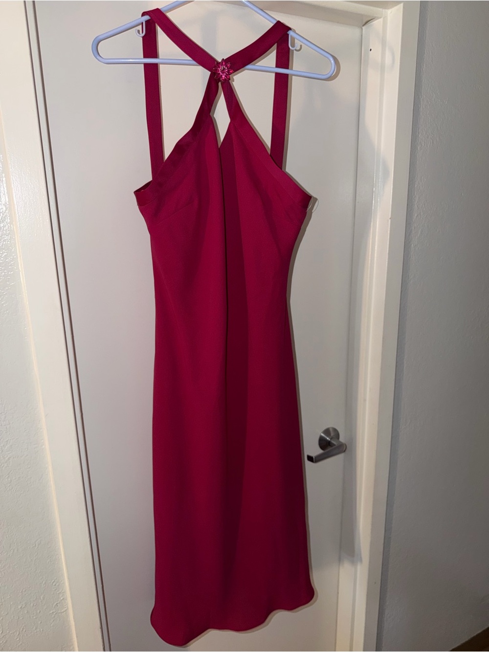 Evan Picone Fuchsia Halter Midi Dress with Cross-Back Detail